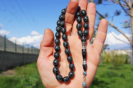 Kule Model Mavi Mine ve Gümüş İşlemeli Oltu Sıkması Tespih