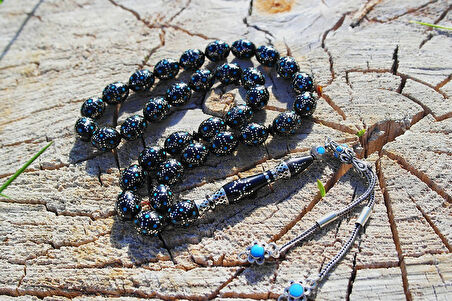 Kule Model Mavi Mine ve Gümüş İşlemeli Oltu Sıkması Tespih