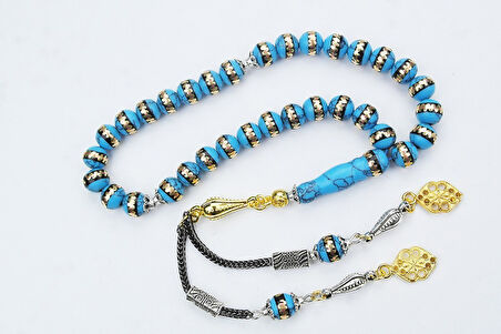 Turkuaz (Firuze) Pirinç Sarma İşlemeli Tespih