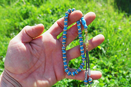 Turkuaz (Firuze) Pirinç Sarma İşlemeli Tespih