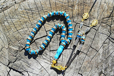 Turkuaz (Firuze) Pirinç Sarma İşlemeli Tespih