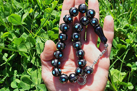 Maskot Mavi Firuze Karpuz İşlemeli Oltu Sıkma Tespih