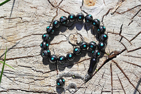 Maskot Mavi Firuze Karpuz İşlemeli Oltu Sıkma Tespih