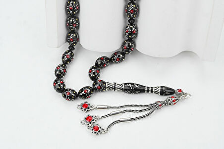 Kule Model Gümüş İşlemeli Oltu Sıkması Tespih