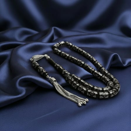 BlackCraft Oltu Taşı Silindir Kesim Gümüş İşlemeli Tespih