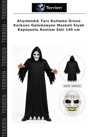 Alışılmadık Tarz Kutlama Ürünü Korkunç Gülümseyen Maskeli Siyah Kapüşonlu Kostüm Seti 140 cm