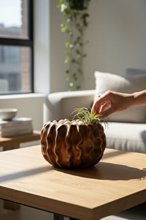 Tactus Oval Dalgalı Ahşap Seramik Dekoratif Vazo (21x14 cm)