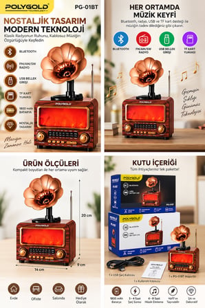 Polygold PG-01BT Bluetooth Gramofon Nostalji Speaker FM/AM/SW Radyo USB TF Kart 1800 mAh