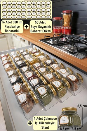 16 Adet Baharatlık Cam Kavanoz 300 Cc Ve 4 Adet Çekmece İçi Baharatlık Düzenleyici Stant