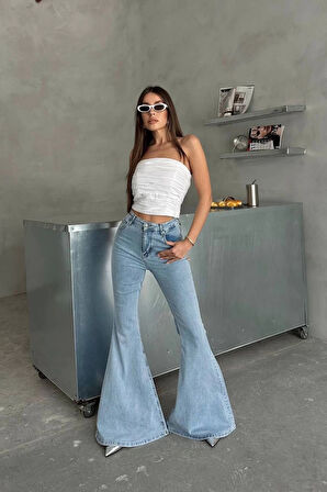Extra Geniş Paça Yüksek Bel Likralı İspanyol Jeans