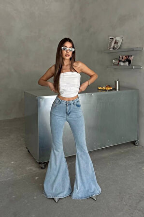 Extra Geniş Paça Yüksek Bel Likralı İspanyol Jeans