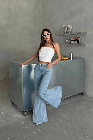 Extra Geniş Paça Yüksek Bel Likralı İspanyol Jeans