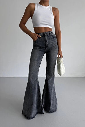 Füme Extra Geniş Paça Yüksek Bel Likralı İspanyol Jeans