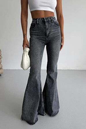 Füme Extra Geniş Paça Yüksek Bel Likralı İspanyol Jeans