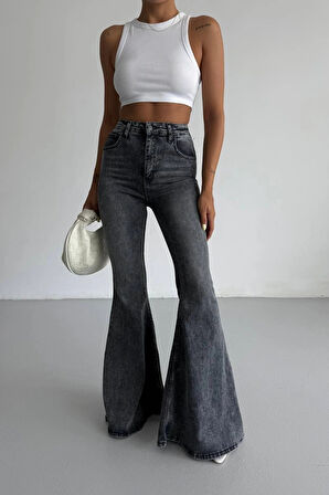 Füme Extra Geniş Paça Yüksek Bel Likralı İspanyol Jeans