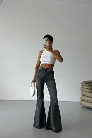 Füme Extra Geniş Paça Yüksek Bel Likralı İspanyol Jeans