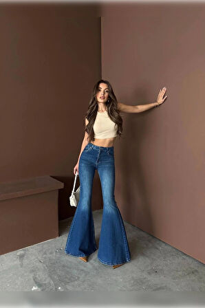Extra Geniş Paça Yüksek Bel Likralı İspanyol Jeans