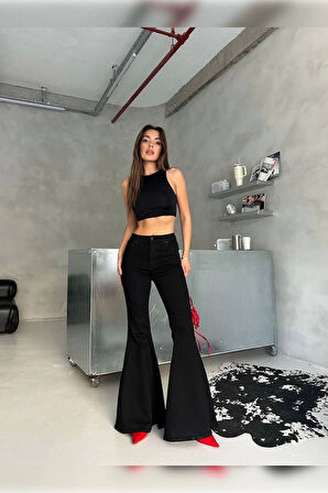 Extra Geniş Paça Yüksek Bel Likralı İspanyol Jeans