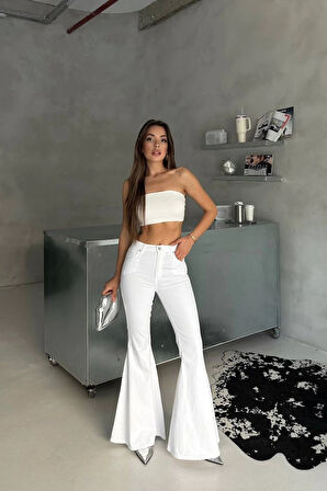 Beyaz Renk Extra Geniş Paça Yüksek Bel Likralı İspanyol Jeans