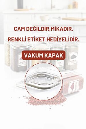 12 Adet Vakum Kapaklı Etiket Hediyeli Mika Baharatlık Seti- CAM DEĞİLDİR