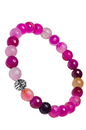 Sertifikalı Gümüş Aparatlı Fasetli Pembe Akik Taşı Bileklik