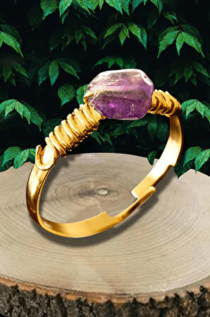 Sertifikalı Kırık Taşlı Gold Model Ametist Taşı Yüzük - Ayarlamalı