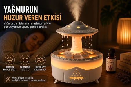 UFO Tasarımlı Yağmur Efektli Hava Nemlendirici – LED Işıklı, Sessiz, Zaman Ayarlı, Aromaterapi Uyumlu
