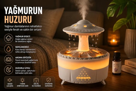 UFO Tasarımlı Yağmur Efektli Hava Nemlendirici – LED Işıklı, Sessiz, Zaman Ayarlı, Aromaterapi Uyumlu