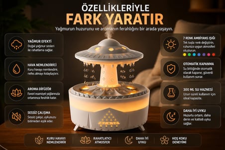 UFO Tasarımlı Yağmur Efektli Hava Nemlendirici – LED Işıklı, Sessiz, Zaman Ayarlı, Aromaterapi Uyumlu