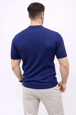Erkek Kısa Kol Fitilli Triko T-Shirt Yazlık Hakim Yaka Tişört - Lacivert
