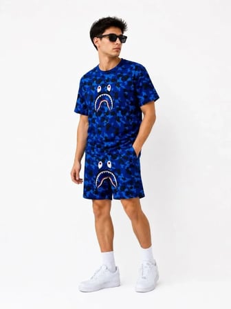 Erkek Oversize Kalıp Pubg Bape X Shark Nakışlı Cepli Şort Takım - Mavi