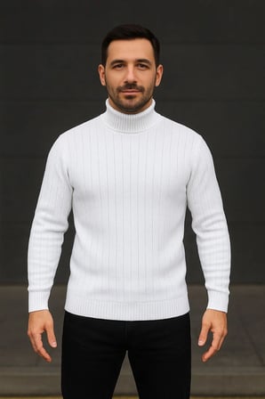 Erkek Fitilli Triko Kazak 3lÜ Set Beyaz Bordo Siyah Regular Balıkcı Yaka Tam Boğazlı Triko Seti Modeli Kazak