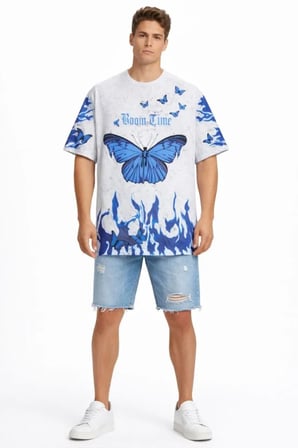 Erkek Asit Yıkamalı Oversize Tişört Mavi Kelebek Baskılı Dijital Print Bisiklet Yaka Streetwear T-Shirt - Beyaz