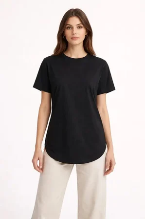 Basic T-Shirt Kısa Kol Bisiklet Yaka Oval Kesim Tişört - Siyah