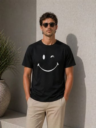 Erkek Minimal Gülümseyen Yüz Baskılı Tişört Kısa Kol Yazlık T-Shirt - Siyah
