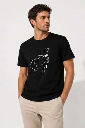 Erkek Köpek Figürlü Minimal Baskılı Tişört Kısa Kol Yazlık T-Shirt - Siyah
