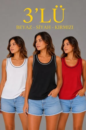 3’lü Kolsuz Sporcu Atlet Seti Yazlık Bisiklet Yakalı - Beyaz, Siyah, Kırmızı