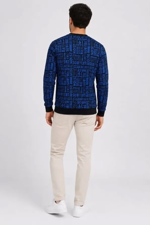 Erkek Siyah Mavi Yazı Desenli İki İplik Şardonlu Sweatshirt