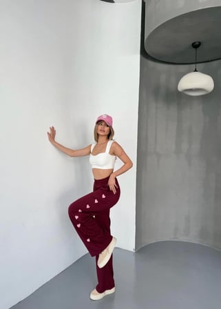 Osy Modal Yumuşak Dokulu Kumaş Nakış Işlemeli Rahat Bol Paça Eşofman Pantalon - Bordo