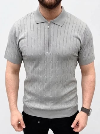 Erkek Yazlık Triko Saç Örgü Tişört Kısa Kol Polo Yaka Fermuarlı T-Shirt - Gri