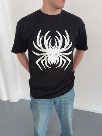 Erkek Örümcek Baskılı Tişört Kısa Kollu Bisiklet Yaka T-Shirt - Siyah