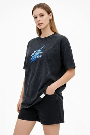 Asit Yıkamalı Oversize Tişört Future Worlds Baskılı Bisiklet Yaka Kısa Kollu Streetwear %100 Pamuk Street Style T-Shirt - Siyah