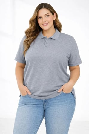 Pike Kumaş Düğmeli Yaka Battal Büyük Beden Günlük Kısa Kol Tişört T-shirt - Gri