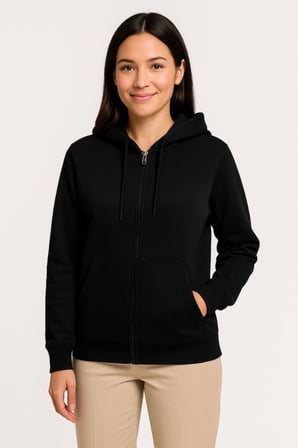 Üç İplik Kapüşonlu Tam Fermuarlı Kanguru Çepli SweatShirt Hoodie - Siyah