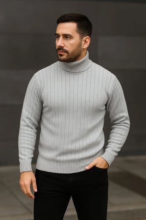 Erkek Fitilli Triko Kazak 3lÜ Set Gri Haki Siyah Regular Balıkcı Yaka Tam Boğazlı Triko Seti Modeli Kazak