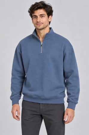 Erkek Üç İplik İçi Şardonlu Dik Yaka Yarım Fermuarlı Kışlık Sweatshirt - Mavi