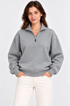 Üç İplik İçi Şardonlu Dik Yaka Yarım Fermuarlı Kışlık Sweatshirt - Grİ
