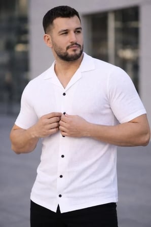 Erkek Waffle Dokuma Açık Yakalı Düğmeli Regular Kalıp 2’li Gömlek Seti - Beyaz - Gri