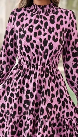 Kadın Uzun Kollu Yarı Balıkçı Yaka Leopar Desenli Modal Mini Elbise