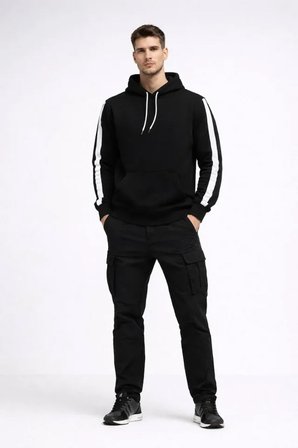 Erkek Şeritli Kapüşonlu Sweatshirt Oversize 3 Iplik Pamuklu - Siyah
